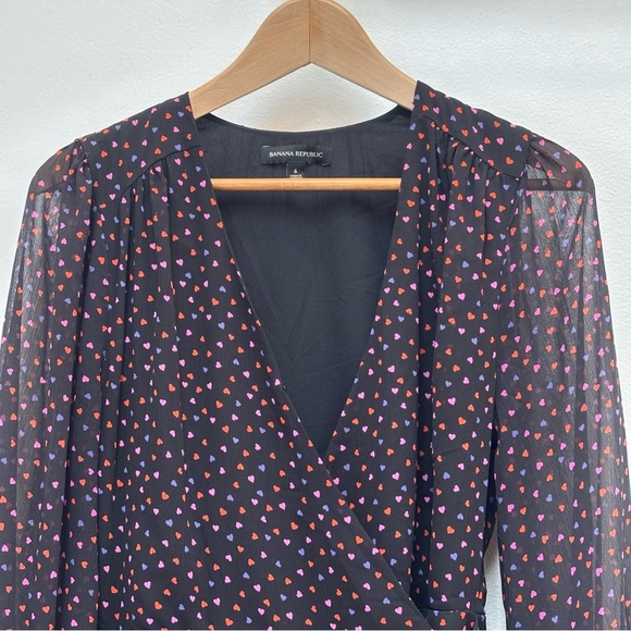 Banana Republic Ruffle Wrap Dress Sheer Chiffon Black Heart Print Size 6 - Picture 4 of 14